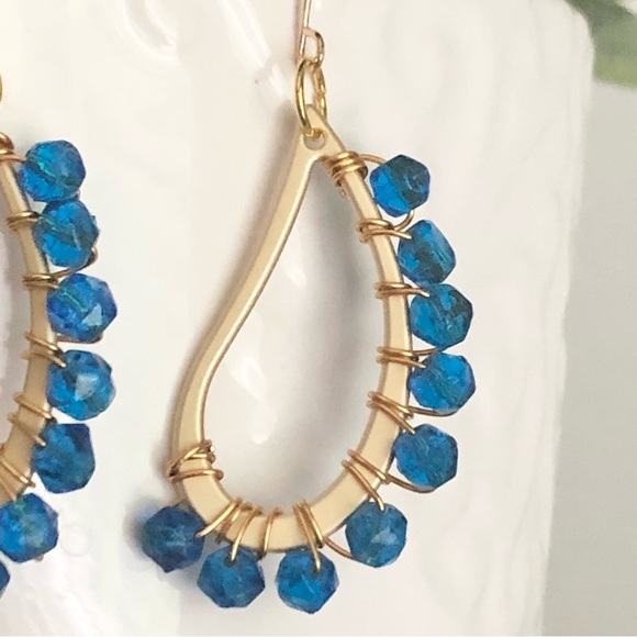 New Hand Beaded Wrapped Wire Teardrop Hoop Dangle One of a Kind Artisan Earrings - Picture 5 of 7